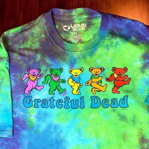 Grateful Dead Blue Green Tie Dye Dancing Bears Short Sleeve T-Shirt - Picture 2 of 9